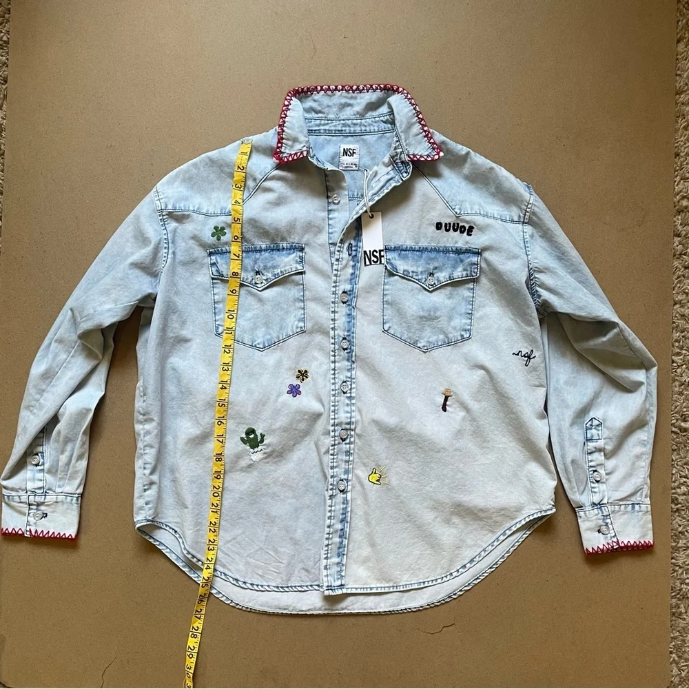 NWT NSF Suz Embroidered button Down Long Sleeve Denim Shirt in Formosa​